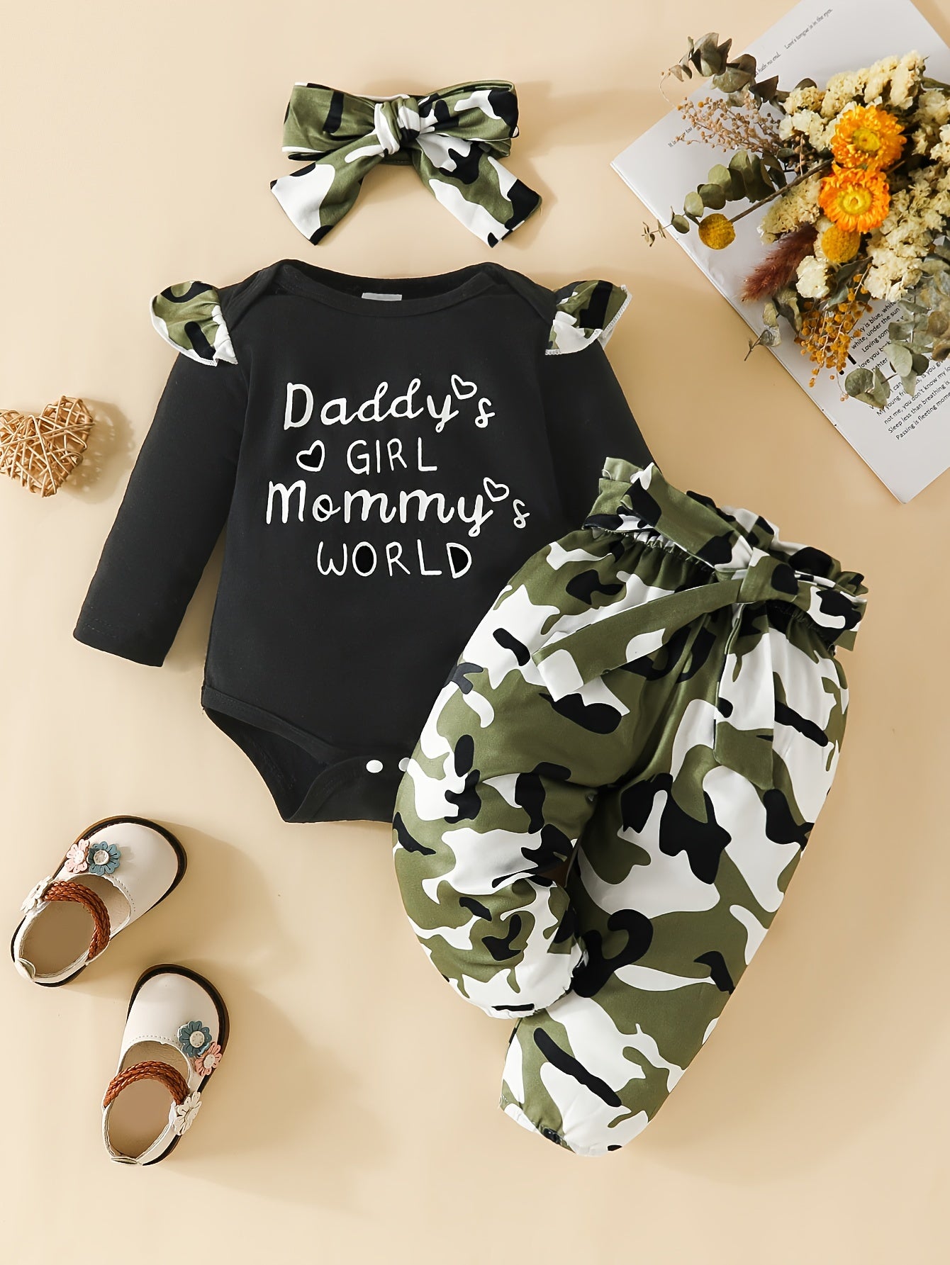 3PC Set- Daddy's Girl And Mommy's World - Baby Girl Black and Camo Print Long Sleeve with Pants and Headband