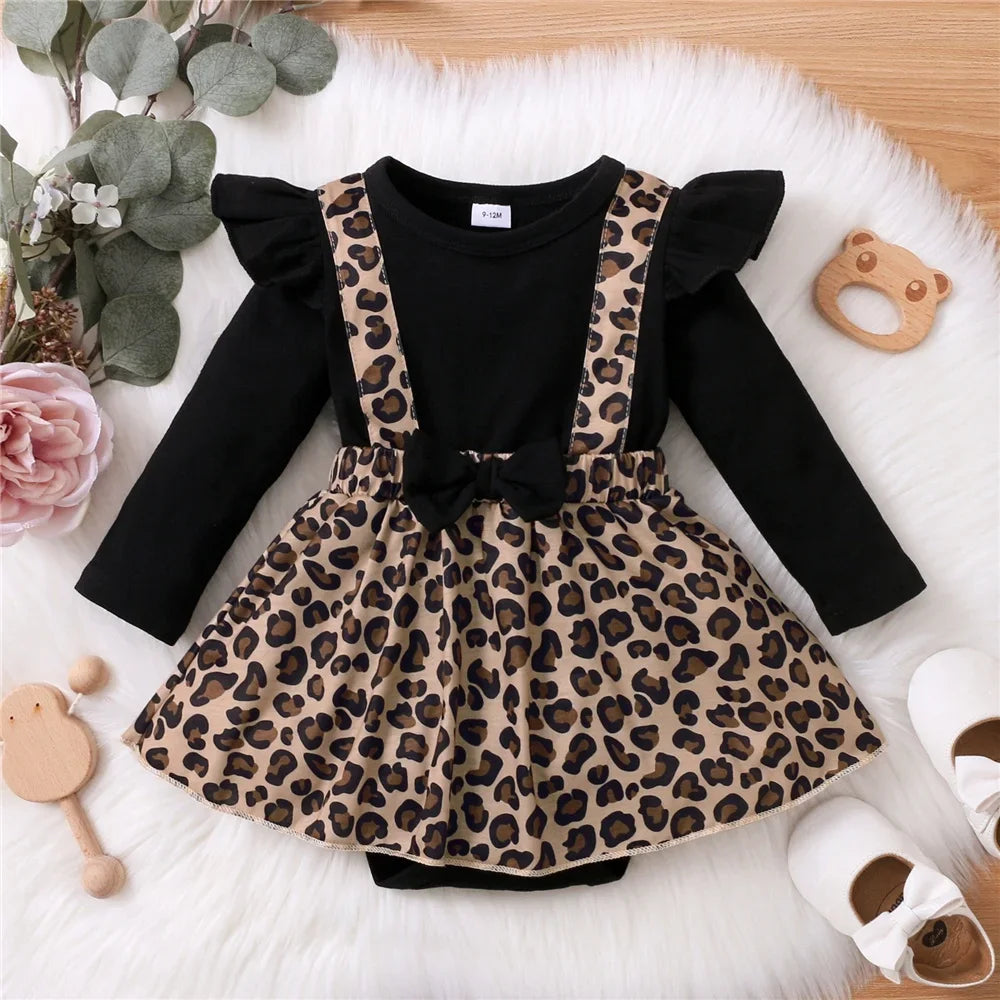 Gorgeous Long Black Sleeve and Leopard Print Baby Skirt Onesie 0-18Months