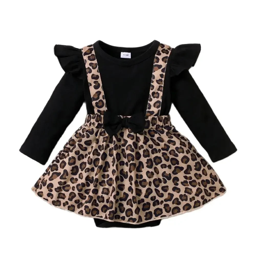Gorgeous Long Black Sleeve and Leopard Print Baby Skirt Onesie 0-18Months
