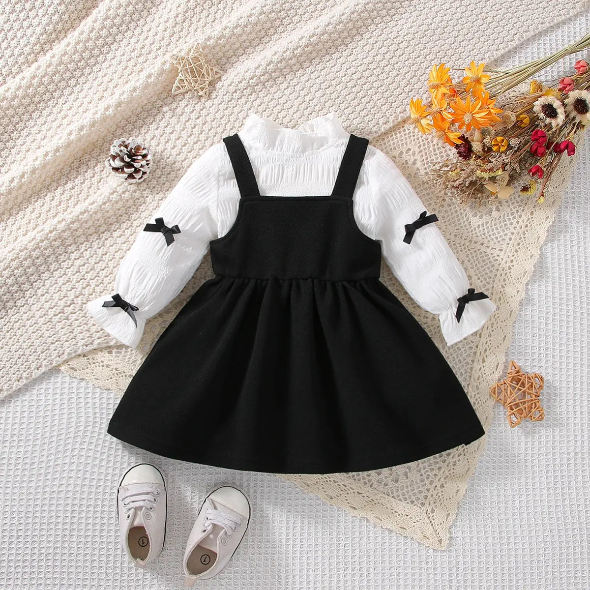 2-Piece Baby Girl Spring and Autumn White Long Sleeve with Black Strap Skirt