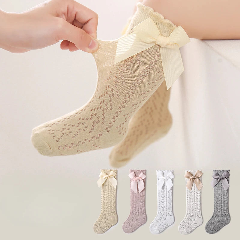 Soft Cotton Lace Mesh Baby Knee High Long Sock with Bow 0-3Y