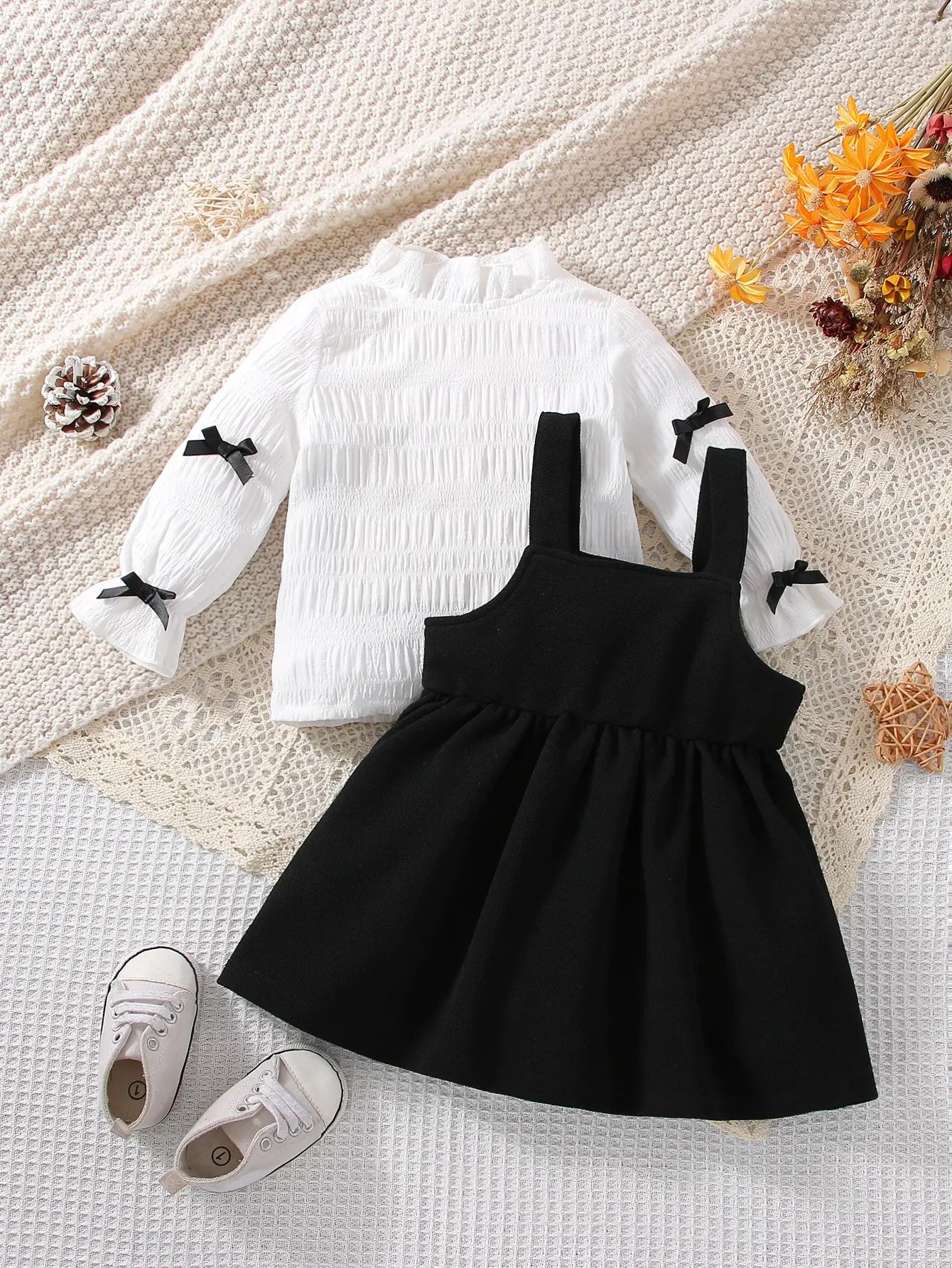 2-Piece Baby Girl Spring and Autumn White Long Sleeve with Black Strap Skirt