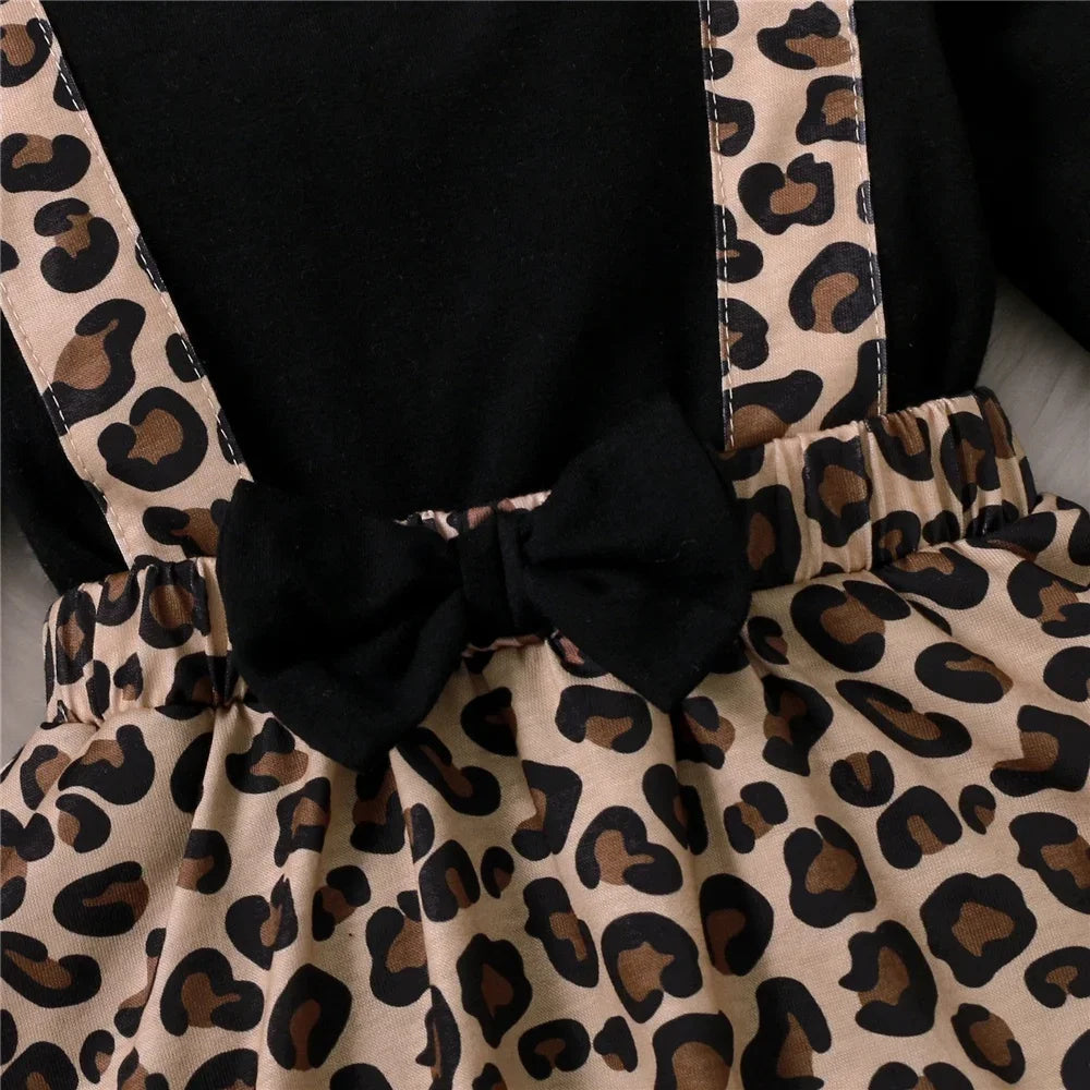 Gorgeous Long Black Sleeve and Leopard Print Baby Skirt Onesie 0-18Months