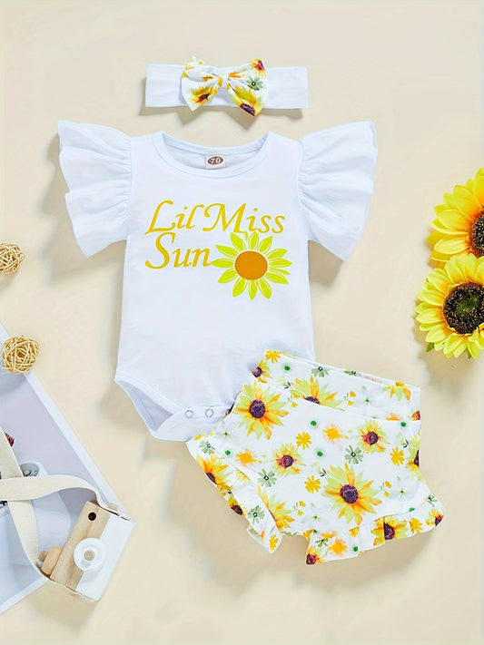 The Perfect 3pc Baby Girl Outfit: "Little Miss Sunshine" Cotton Ruffle Short Sleeve Onesie with Floral Shorts & Matching Headband