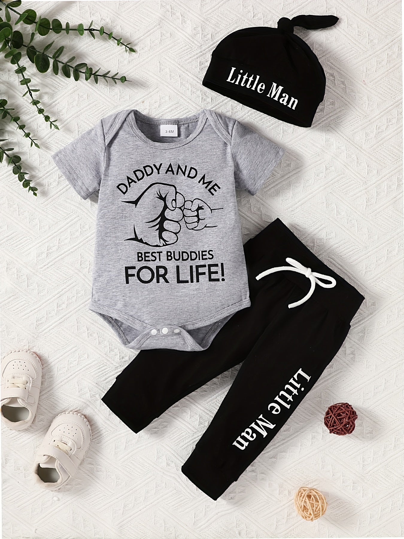 Handsome "Daddy And Son" - Short Sleeve Onesie, Hat, and Pants Set- Soft, Breathable, and Comfortable