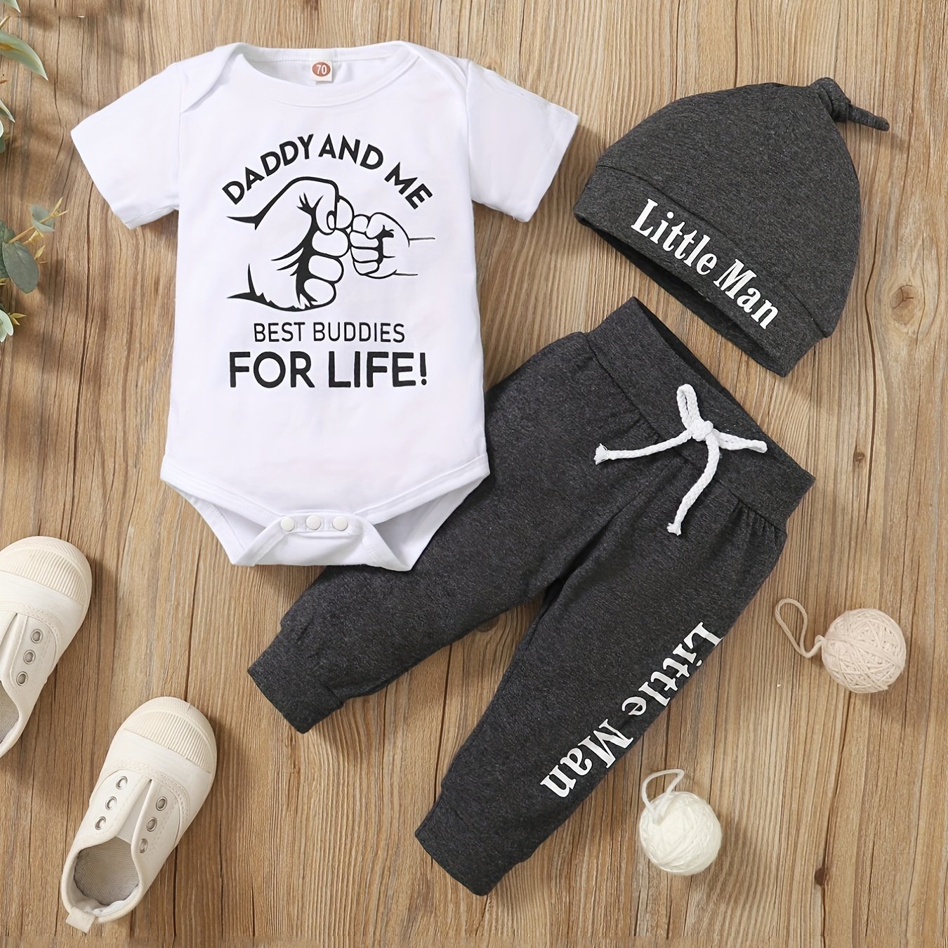 Handsome "Daddy And Son" - Short Sleeve Onesie, Hat, and Pants Set- Soft, Breathable, and Comfortable