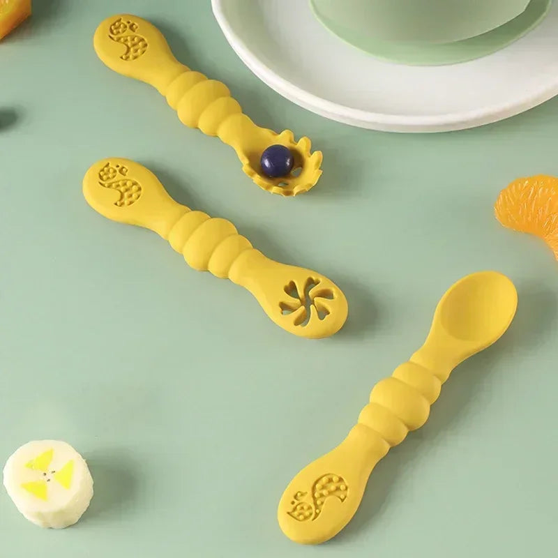 Soft Baby Teething Utensils-3PC Spoon Fork For Learn To Eat Training-Children's Tableware