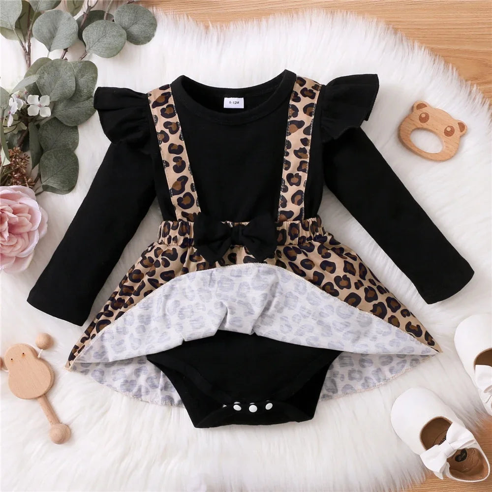 Gorgeous Long Black Sleeve and Leopard Print Baby Skirt Onesie 0-18Months