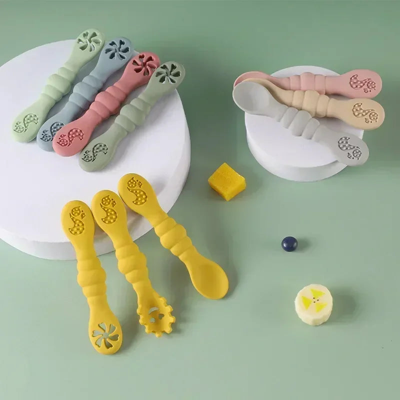 Soft Baby Teething Utensils-3PC Spoon Fork For Learn To Eat Training-Children's Tableware