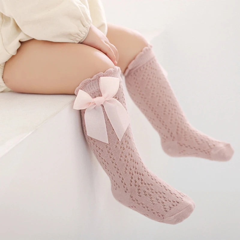 Soft Cotton Lace Mesh Baby Knee High Long Sock with Bow 0-3Y
