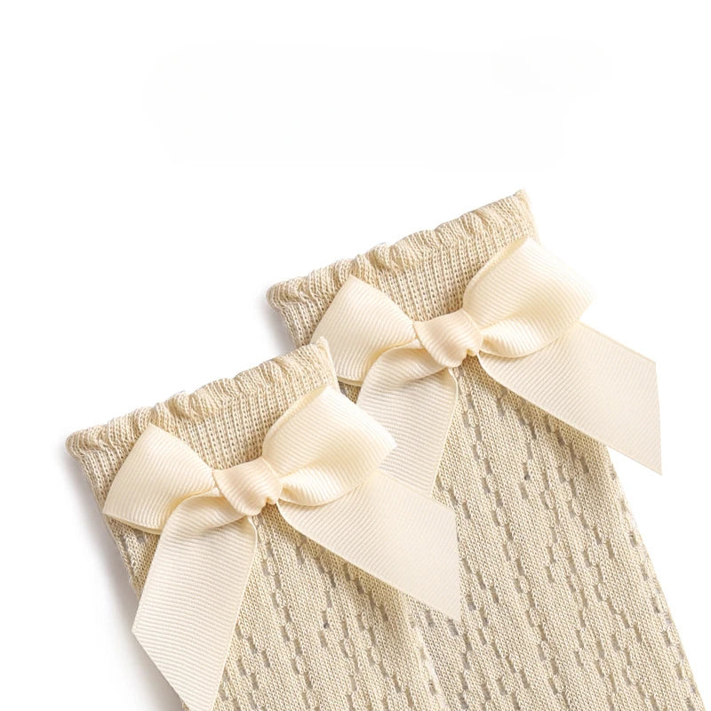 Soft Cotton Lace Mesh Baby Knee High Long Sock with Bow 0-3Y