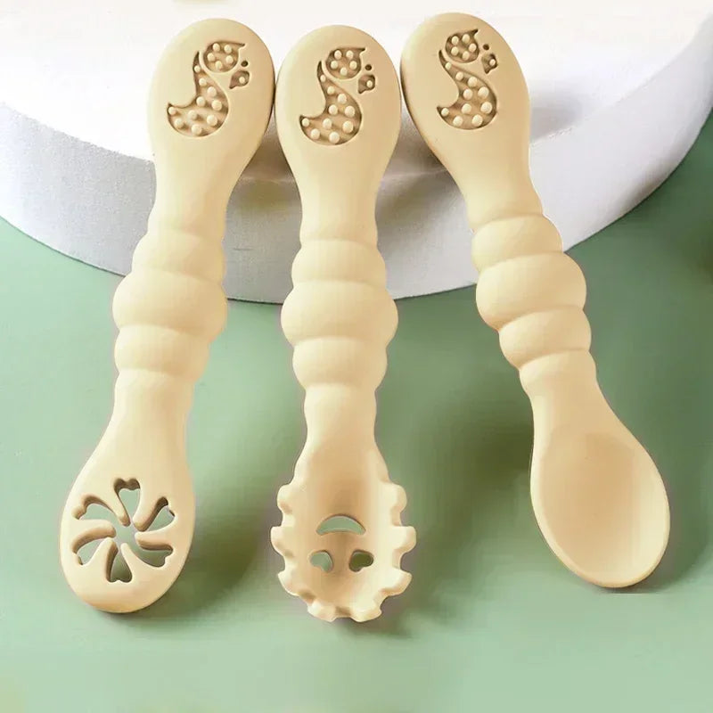 Soft Baby Teething Utensils-3PC Spoon Fork For Learn To Eat Training-Children's Tableware