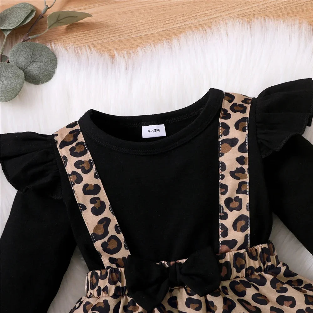 Gorgeous Long Black Sleeve and Leopard Print Baby Skirt Onesie 0-18Months