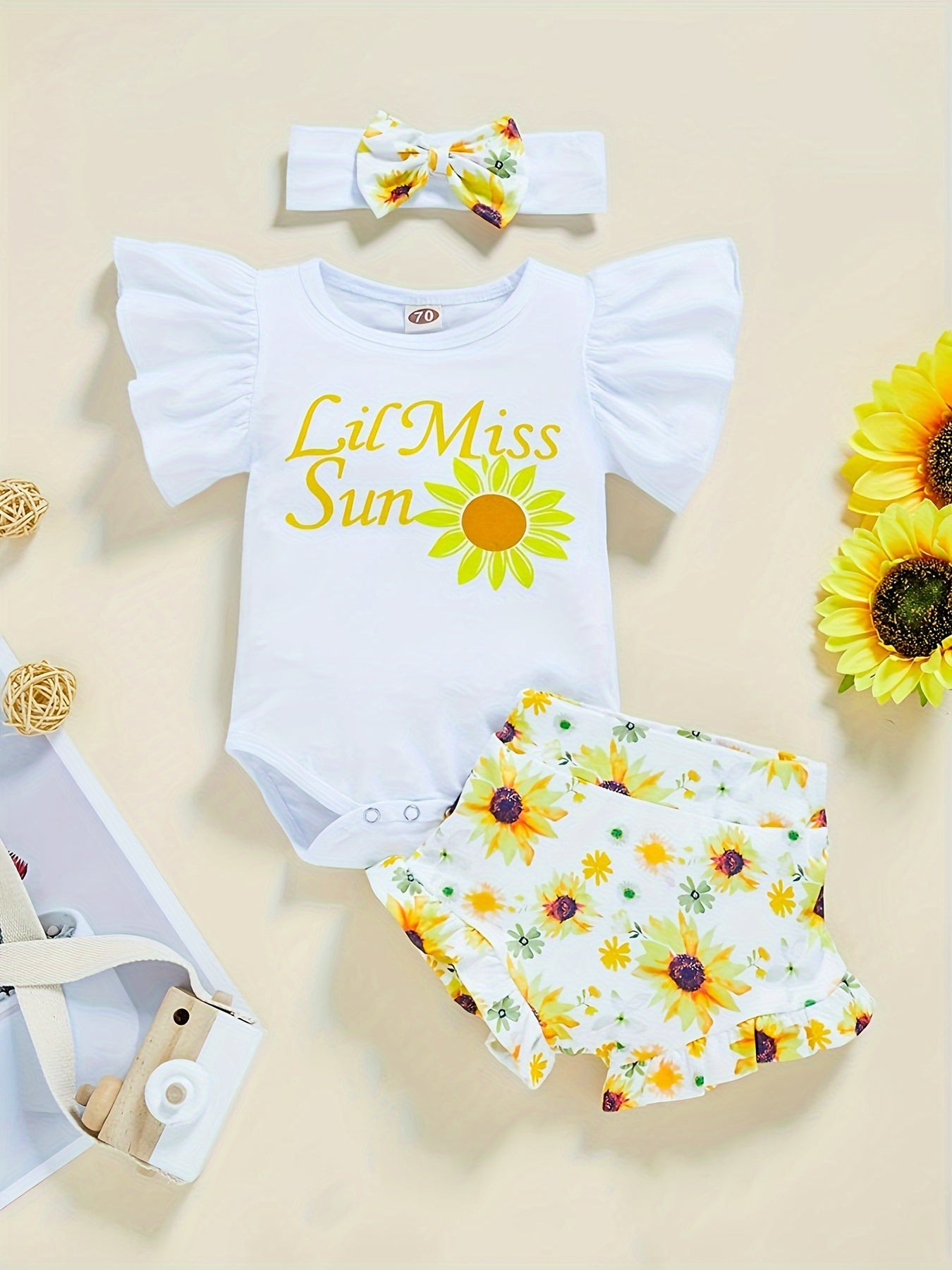 The Perfect 3pc Baby Girl Outfit: "Little Miss Sunshine" Cotton Ruffle Short Sleeve Onesie with Floral Shorts & Matching Headband